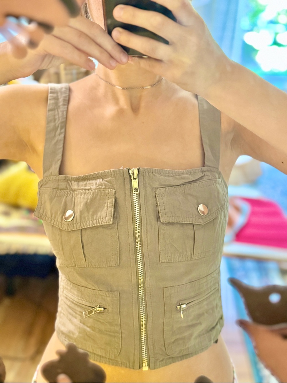 White Fox Boutique Olive Green Utility Zip Front Tank Top